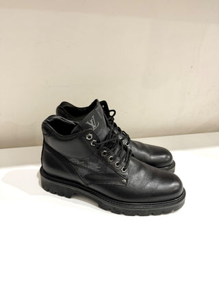 Louis Vuitton Leather/Damier Ebene Canvas Oberkampf High Top Combat Boot Black 7