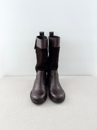 Tory Burch Corey Mid Calf Flat Leather Embossed Suede Boots Brown Womens Size 6