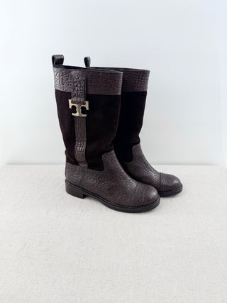 Tory Burch Corey Mid Calf Flat Leather Embossed Suede Boots Brown Womens Size 6
