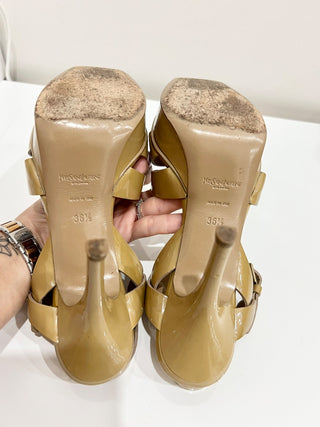 Yves Saint Laurent Tribute Patent Leather Ankle Strap Platform Sandals Nude 36.5