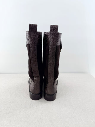 Tory Burch Corey Mid Calf Flat Leather Embossed Suede Boots Brown Womens Size 6