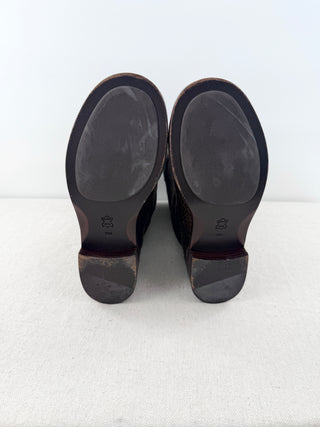 Tory Burch Corey Mid Calf Flat Leather Embossed Suede Boots Brown Womens Size 6