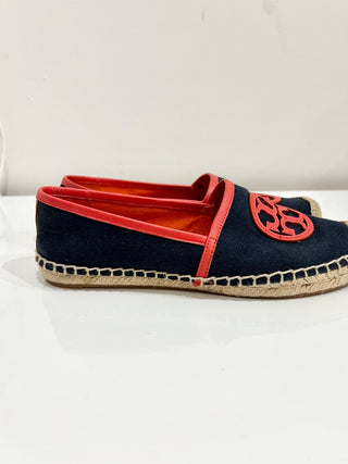 Tory Burch Angus Canvas Slip On Espadrilles Flat with Logo Blue/Orange Women 6.5