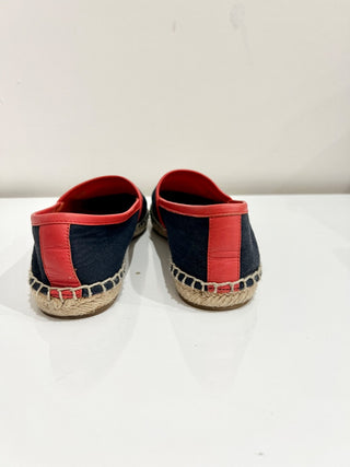 Tory Burch Angus Canvas Slip On Espadrilles Flat with Logo Blue/Orange Women 6.5