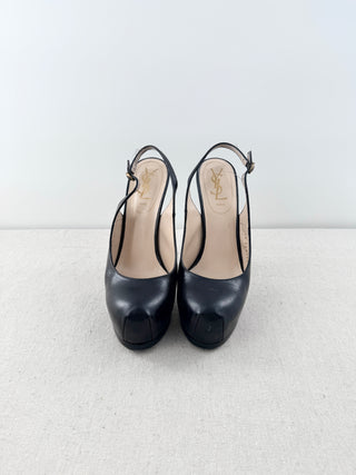 VTG Saint Laurent YSL Tribtoo Leather Platform Slingback Pump Black Womens EU 37