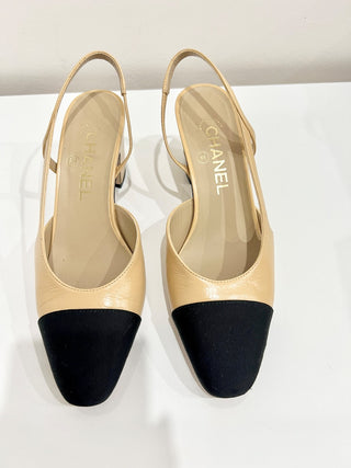 Chanel Colorblock Leather Block Heel Slingback Pump Sandals Cream/Black 36/US5.5