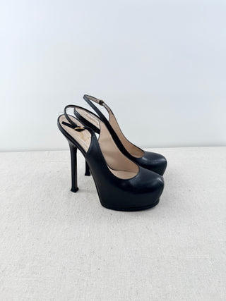 VTG Saint Laurent YSL Tribtoo Leather Platform Slingback Pump Black Womens EU 37