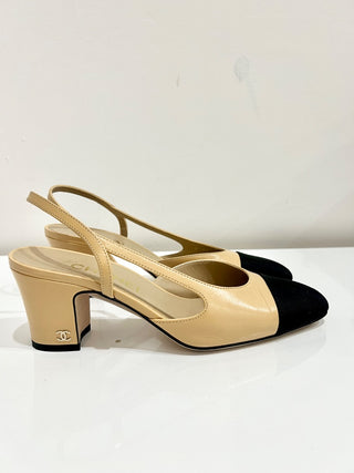 Chanel Colorblock Leather Block Heel Slingback Pump Sandals Cream/Black 36/US5.5