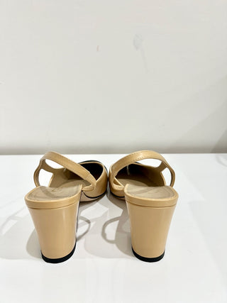 Chanel Colorblock Leather Block Heel Slingback Pump Sandals Cream/Black 36/US5.5