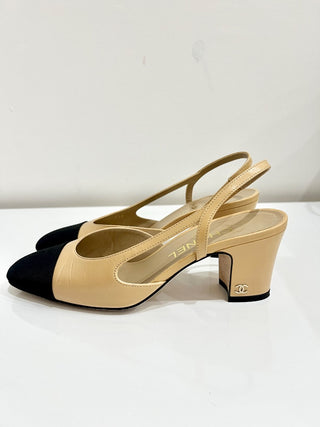 Chanel Colorblock Leather Block Heel Slingback Pump Sandals Cream/Black 36/US5.5