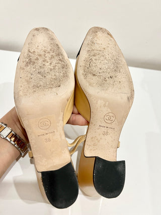 Chanel Colorblock Leather Block Heel Slingback Pump Sandals Cream/Black 36/US5.5