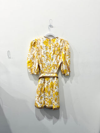 Zimmermann Postcard Puff Sleeve Mini Dress Swirl Floral Yellow Women's Size 0