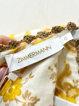 Zimmermann Postcard Puff Sleeve Mini Dress Swirl Floral Yellow Women's Size 0