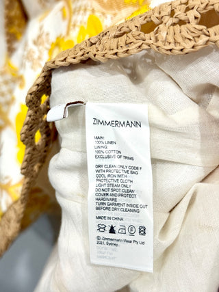 Zimmermann Postcard Puff Sleeve Mini Dress Swirl Floral Yellow Women's Size 0