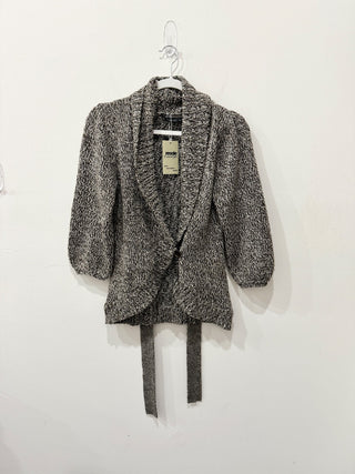 BCBGMaxazria Puff Sleeve Tie Back Open Front Cardigan Sweater Black / Gray XS