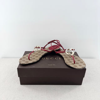 Gucci Monogram Canvas and Leather Thong Sandals w/ Heart Buckle Tan EU 39