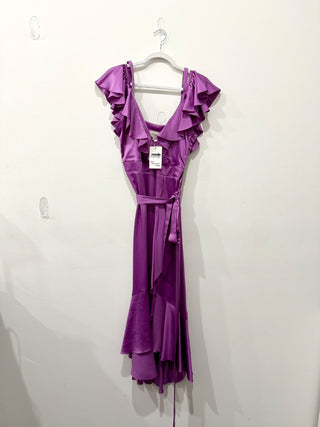 Temperley London Faux Wrap Midi Dress with Ruffles, Purple Women's Size US 8