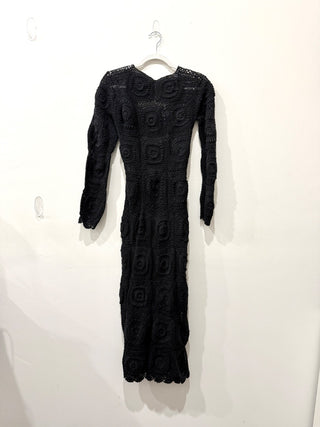 Mahila Long Sleeve Crochet Knit Slit Bohemiam Midi Dress Black Women's Size XS