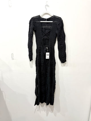 Mahila Long Sleeve Crochet Knit Slit Bohemiam Midi Dress Black Women's Size XS