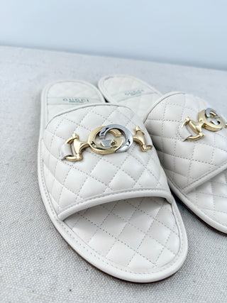 NWOT Gucci Horsebit GG Quilted Padded Leather Flat Slides White Women's EU 36.5