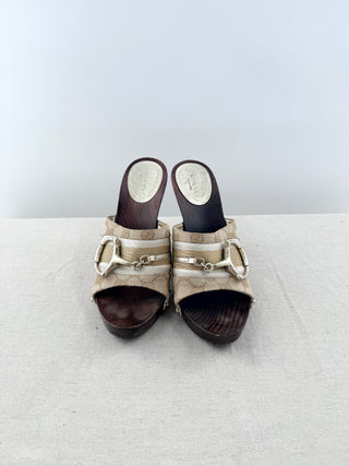Gucci vintage GG platform slip on heels with wood heel and horse bit, 9