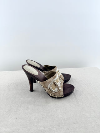 Gucci vintage GG platform slip on heels with wood heel and horse bit, 9