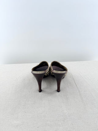 Gucci vintage GG platform slip on heels with wood heel and horse bit, 9