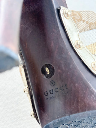Gucci vintage GG platform slip on heels with wood heel and horse bit, 9