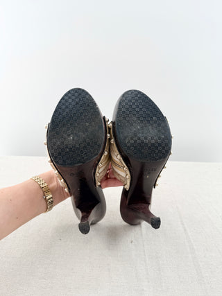 Gucci vintage GG platform slip on heels with wood heel and horse bit, 9