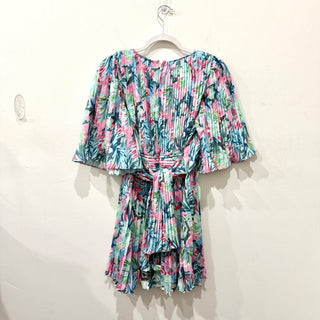 NWOT Saylor Byrd Floral Matte Satin Pleated V-Neck Mini Dress Blue Women's S