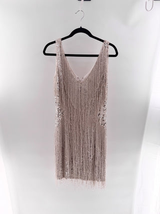 NWT Nadine Merabi Embellished Sequin Fringe Mini Party Dress Champagne S / M