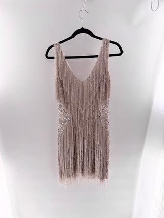 NWT Nadine Merabi Embellished Sequin Fringe Mini Party Dress Champagne S / M