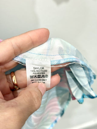 NWOT Saylor Byrd Floral Matte Satin Pleated V-Neck Mini Dress Blue Women's S