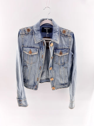Balmain Paris Long Sleeve Gold Button Denim Jean Jacket Blue Womens 36 FR / 4 US