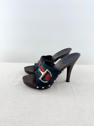 Gucci vintage canvas web stripe horsebit wood heel platform slide, 9