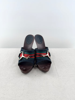 Gucci vintage canvas web stripe horsebit wood heel platform slide, 9