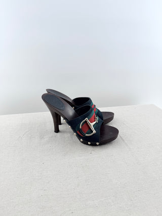 Gucci vintage canvas web stripe horsebit wood heel platform slide, 9