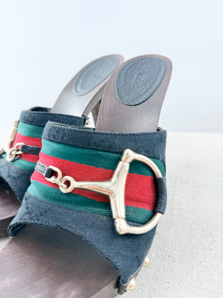 Gucci vintage canvas web stripe horsebit wood heel platform slide, 9