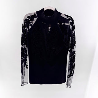 NWT International Concepts Mock Neck Velvet Flocked Mesh Sweater Top Black L