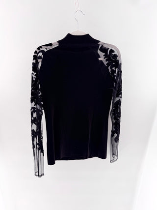 NWT International Concepts Mock Neck Velvet Flocked Mesh Sweater Top Black L