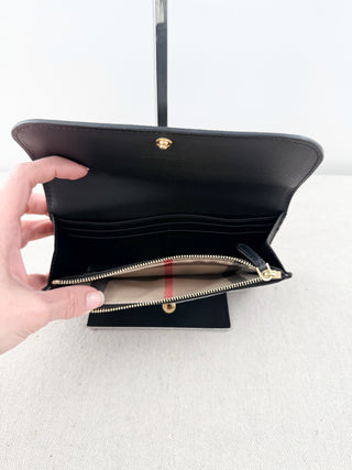 NWT Burberry Large Black Leather Wallet with Check Interior