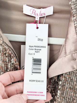 NWT Parker Palmas Sequin Long Sleeve Mini Cocktail Shirtdress Bronze Women's 6