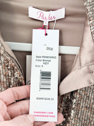 NWT Parker Palmas Sequin Long Sleeve Mini Cocktail Shirtdress Bronze Women's 6