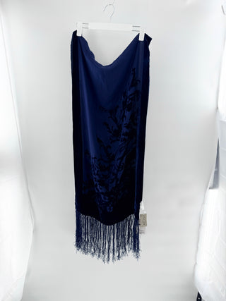 NWT Oscar de la Renta Silk Blend & Velvet Floral Fringe Large Scarf Navy Blue