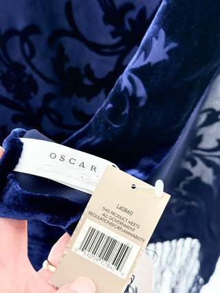 NWT Oscar de la Renta Silk Blend & Velvet Floral Fringe Large Scarf Navy Blue
