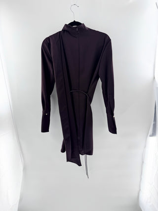 Mango Foulard Long Sleeve High Neck Satin Mini Dress Chocolate Brown Womens Small