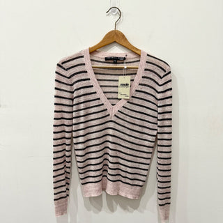 Veronica Beard Dean Striped Linen Blend V-Neck Sweater Pink/Black Women's Size S