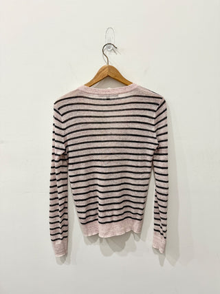 Veronica Beard Dean Striped Linen Blend V-Neck Sweater Pink/Black Women's Size S