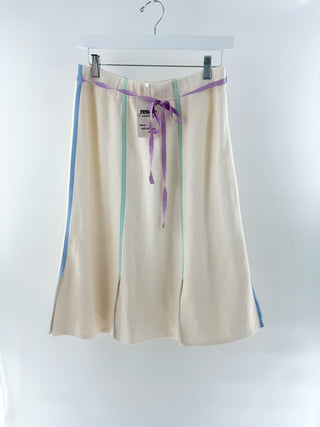 St. John Pull On High Waisted A-Line Midi Skirt w/ Ribbon Tie Cream Women's US 10