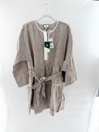 NWT Tuckernuck Tobi Linen Stripe Bell Sleeve Tiered Mini Dress Brown Women's L